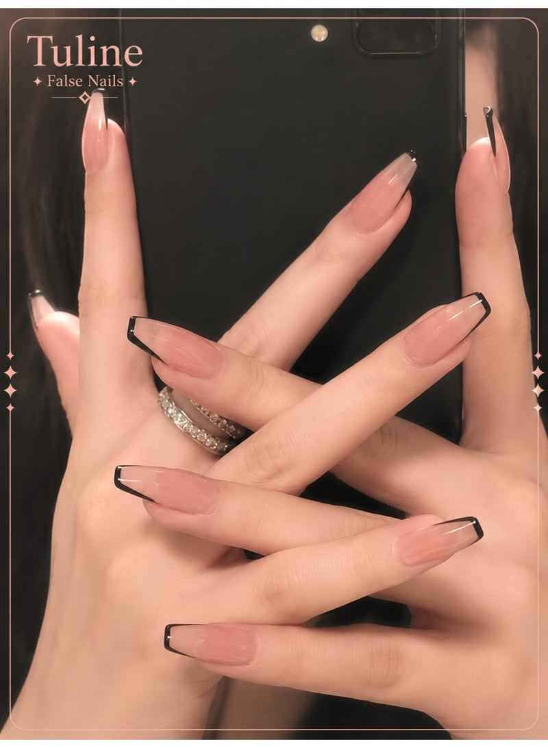 Tuline Black Decorated French False Nails, 24 Pieces - Image 1