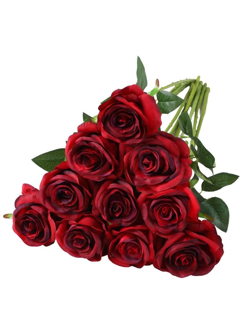 HOME ZONE Artificial Silk Rose Flower Bouquet Lifelike Fake Rose for Wedding Home Party Decoration Event Gift 10pcs (Burgundy) - Image 1