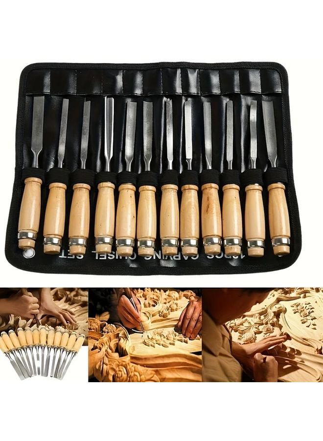 Professional Wood Carving Tools Set 12 Sharp Woodworking Kit With Black Carrying Case - Image 1