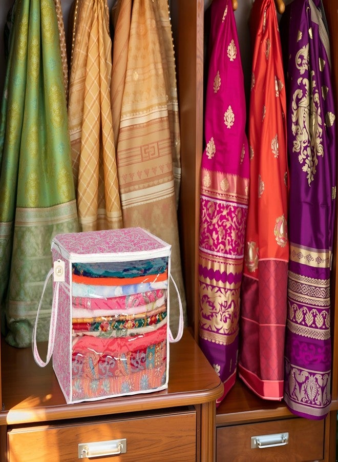 SHAPING FABRIC Pink Floral Fabric Saree Storage Bag with Transparent Front & Zipper Closure - Pack of 01 SF-SBB-1313 - Image 1