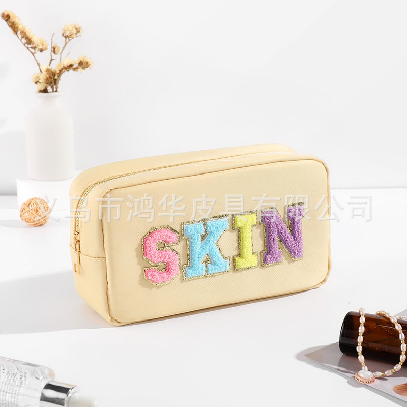 Fashion Solid Color Towel Embroidered Nylon Makeup Bag for Women Beige (SKIN)