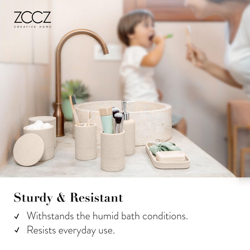 ZCCZ Beige Bathroom Accessories Set 6 Pieces - Toothbrush Holder, Lotion Dispenser, Qtip Container, Vanity Tray, Tumbler - Countertop Organizer for Bathrooms - Elegant and Functional DÃ©cor Set - Image 4