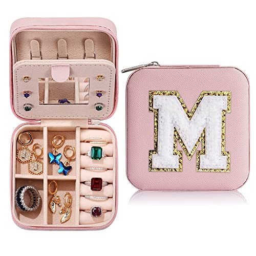Parima Graduation Travel Gifts for Women Teen Girls, Personalized Gift for Women Girls Graduation Travel Essentials Small Jewelry Box Organizer Initial Jewelry Case With Letter M, Pink - Image 1