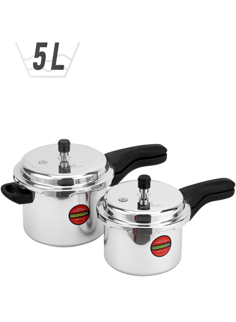 Royalford 3.0 L & 5.0 L Combo Aluminum Pressure Cooker- RF11943| Equipped with Improved Pressure Regulator, Handle, Anti Implosion Lid and Stepped Bottom Design Silver - Image 1