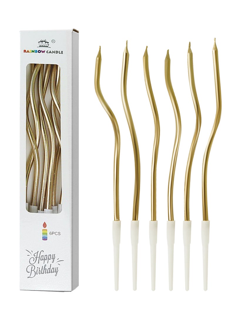 l&wen Birthday Candles, Long Thin Spiral Cake Candles with Holders, Twisted Candles for Wedding Decorations, Party Supplies (6 Pcs, Champagne Gold) - Image 1