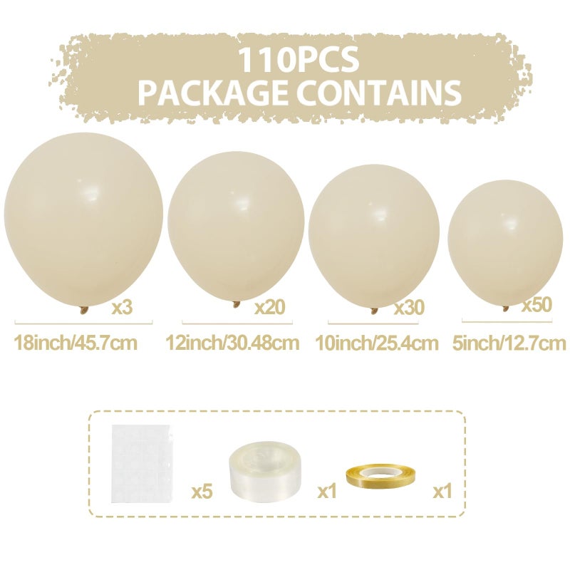 Patimate White Sand Balloons, 110 Beige Birthday Balloons, Arch Kit Balloons Birthday Cream Bow Balloons for Birthday, Christening, Baby Shower Decor(White Sand Ballons 18/12/10/5 Inches) - Image 2