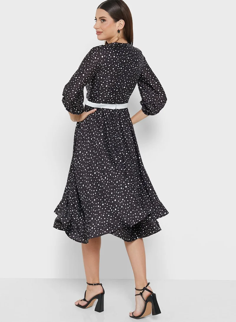 FYOR Belted Ruffle Hem Printed Dress