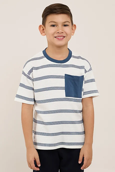 أر أند بي Striped T-Shirt with Crew Neck and Short Sleeves