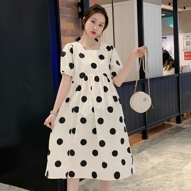 Maternity Dress Polka Dots Loose Mid-Length Summer apricot Polo Dot Skirt