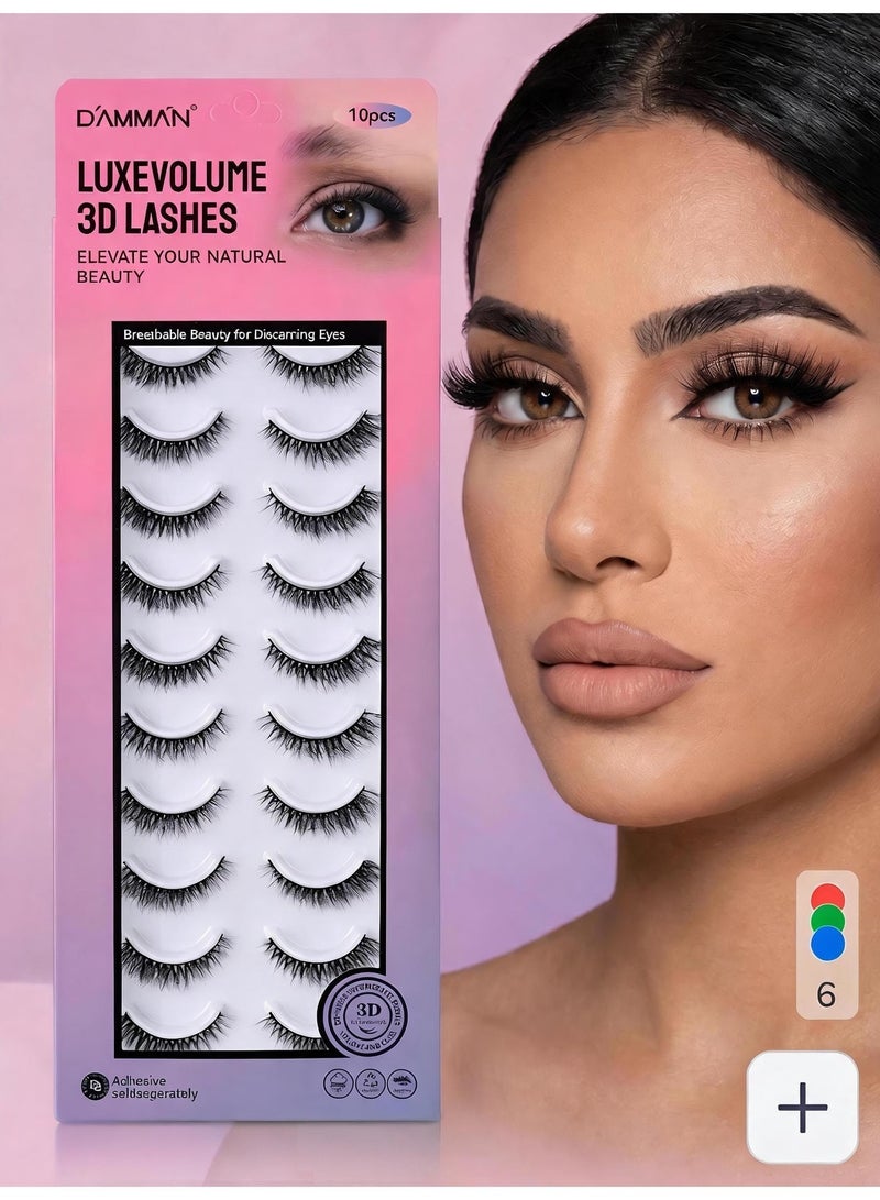 D'AMMA'N 10 Pairs 3D Faux Mink False Eyelashes Mix Length Natural Look Cat Eye Wispy Fluffy Lashes Pack Lightweight Soft Individual Lash Extension - Black - Image 1