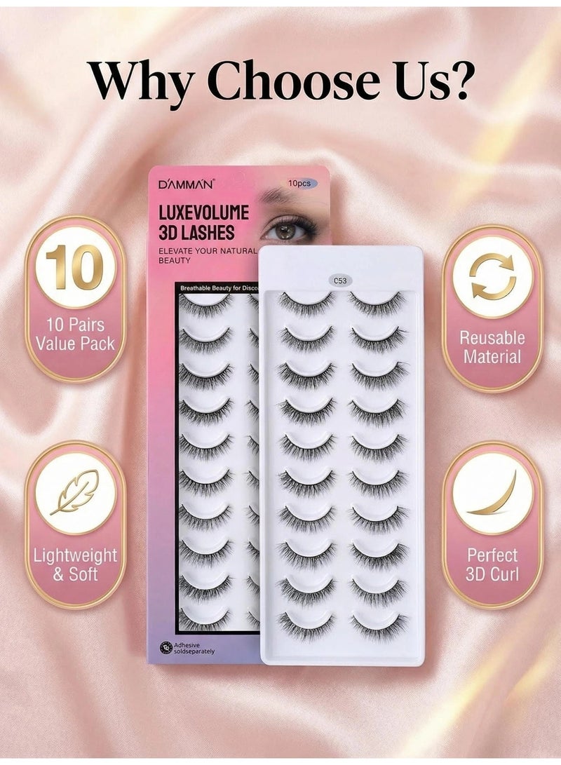 D'AMMA'N 10 Pairs 3D Faux Mink False Eyelashes Mix Length Natural Look Cat Eye Wispy Fluffy Lashes Pack Lightweight Soft Individual Lash Extension - Black - Image 3