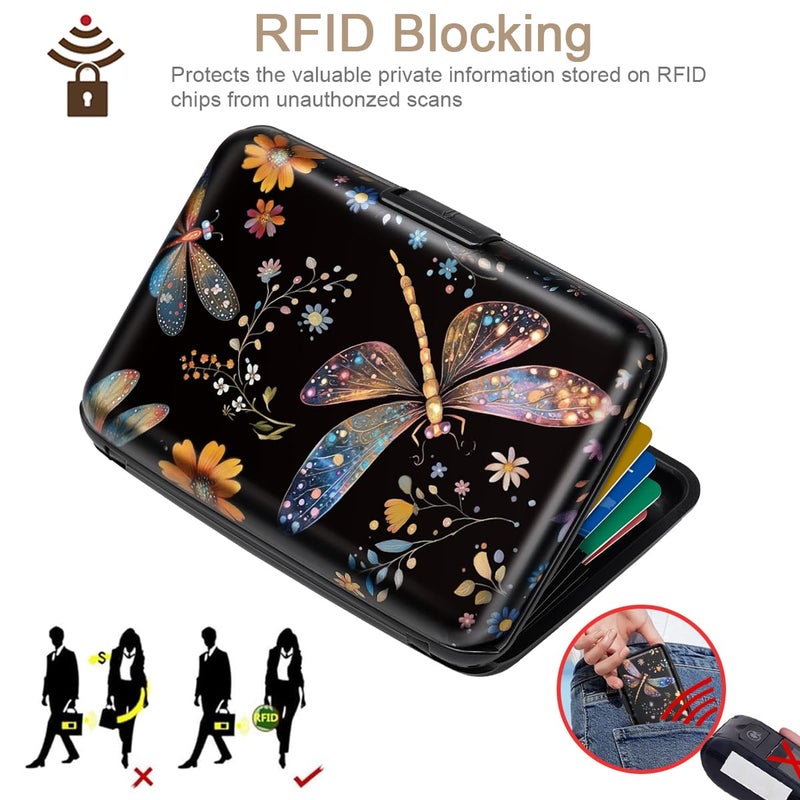 Coco Rossi Credit Card Holder RFID Aluminum Wallet Card Case Mini Business Cards Holder Metal ID Case for Men Women, Dragonflies - Image 4