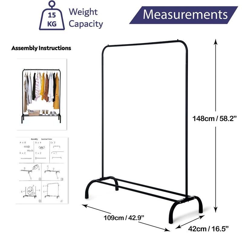 ADA® Heavy Duty Metal Clothes Stand | Multipurpose Cloth Hanging Garment Rack with Bottom Storage Shelf, Metal Clothes Rack for Coats, Skirts, Shirts, Sweaters Size (109 x 42 x148cm)- Black - Image 4