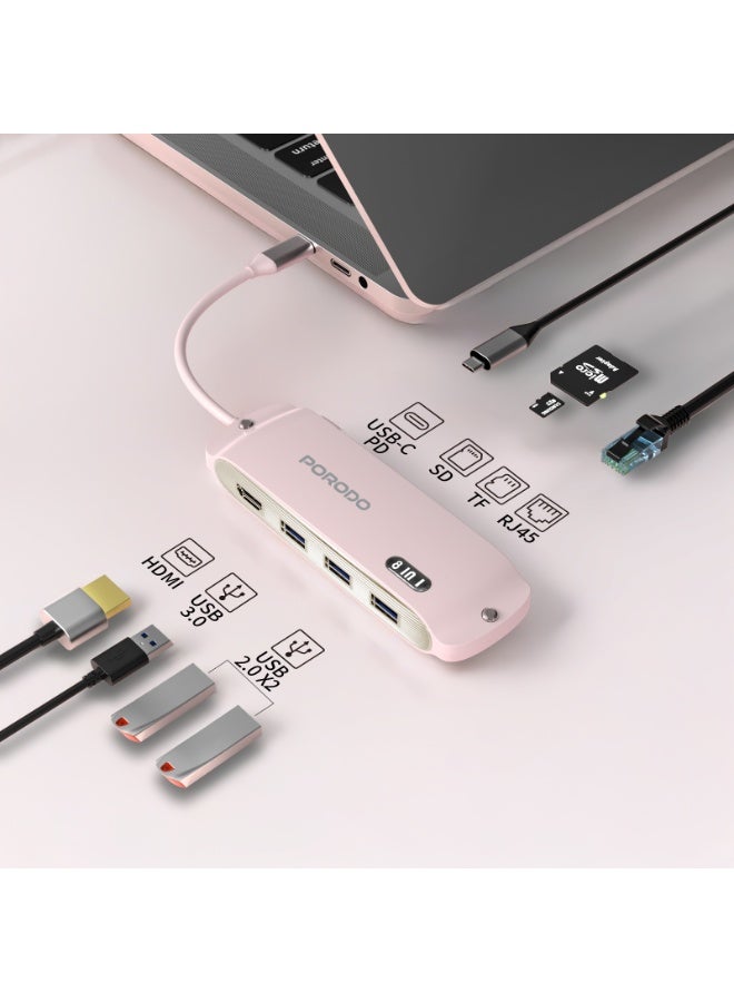 بورودو موزع Malone متعدد المنافذ USB-C مع 100 واط PD / 4K HDMI / RJ45 100 ميجا بايت / قارئ SD/TF / 5 جيجابت في الثانية USB 3.0 / 480 ميجابت في الثانية USB 2.0 / تشغيل التوصيل والتشغيل / نقل سريع للبيانات - وردي - Image 2