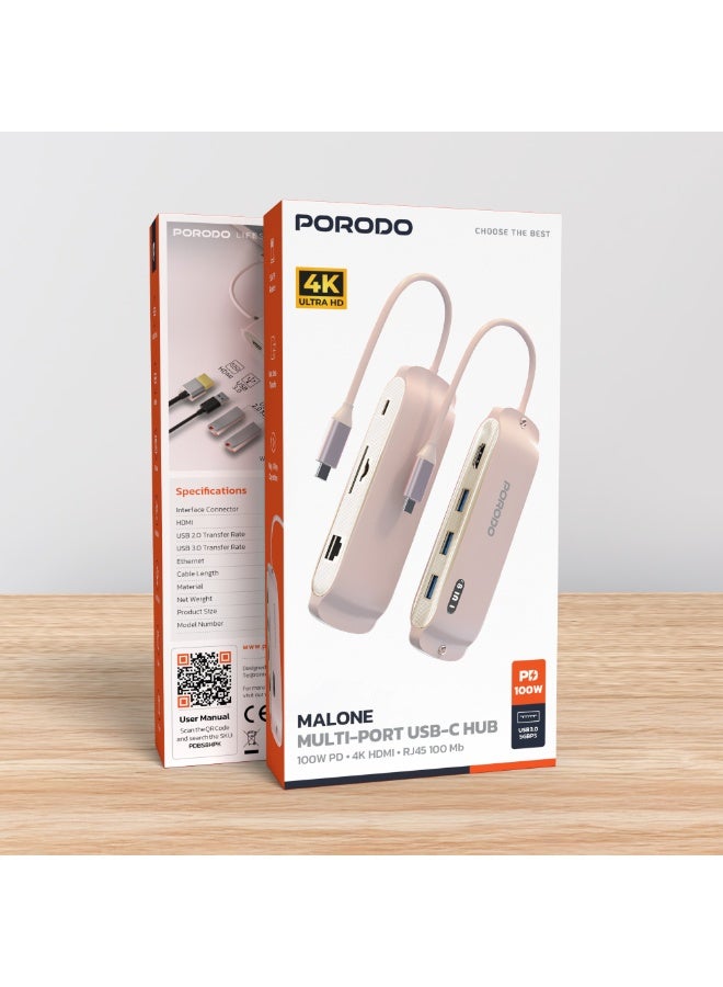 بورودو موزع Malone متعدد المنافذ USB-C مع 100 واط PD / 4K HDMI / RJ45 100 ميجا بايت / قارئ SD/TF / 5 جيجابت في الثانية USB 3.0 / 480 ميجابت في الثانية USB 2.0 / تشغيل التوصيل والتشغيل / نقل سريع للبيانات - وردي - Image 4