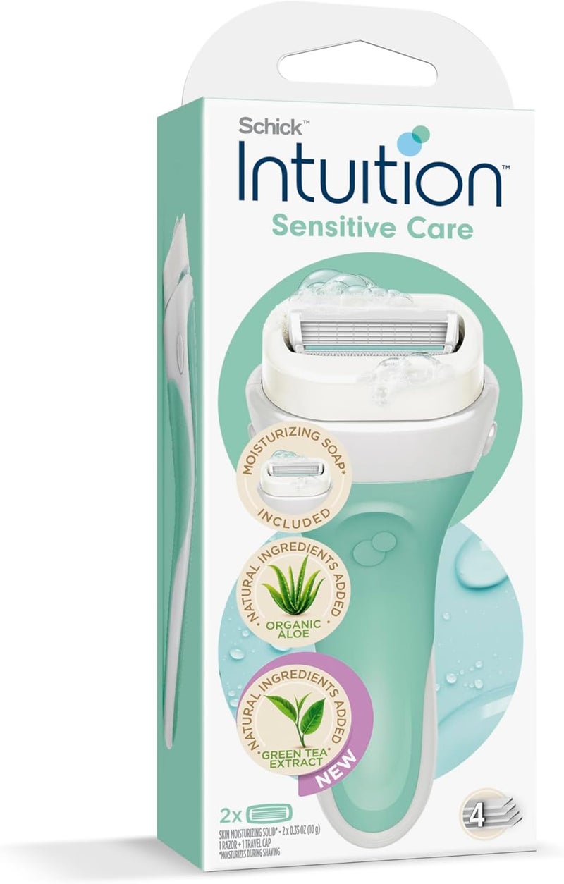 Intuition مجموعة العناية الحساسة من شِك INTUITION مع الألوة العضوية ومستخلص الشاي الأخضر - صابون مرطب متضمن، 4 شفرات رفيعة للغاية، رأس متحرك، مضاد للحساسية - Image 1