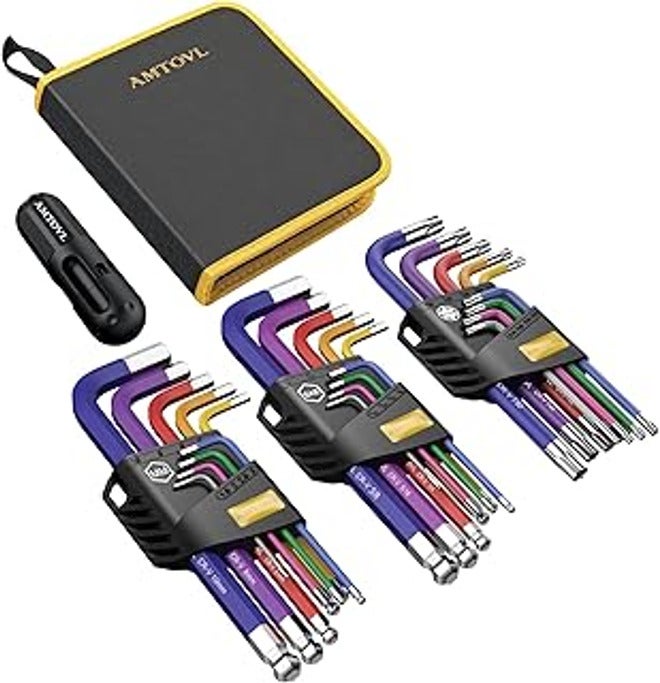 AMTOVL Hex Keys Set, 27PCS Allen Key Set & Star Key Set, Metric Imperial Extra Long Ball End Key w/Color Coding w/T-Handle 1.5mm-10mm, T10-T50, 1/16-3/8 Bicycle Repair Household DI