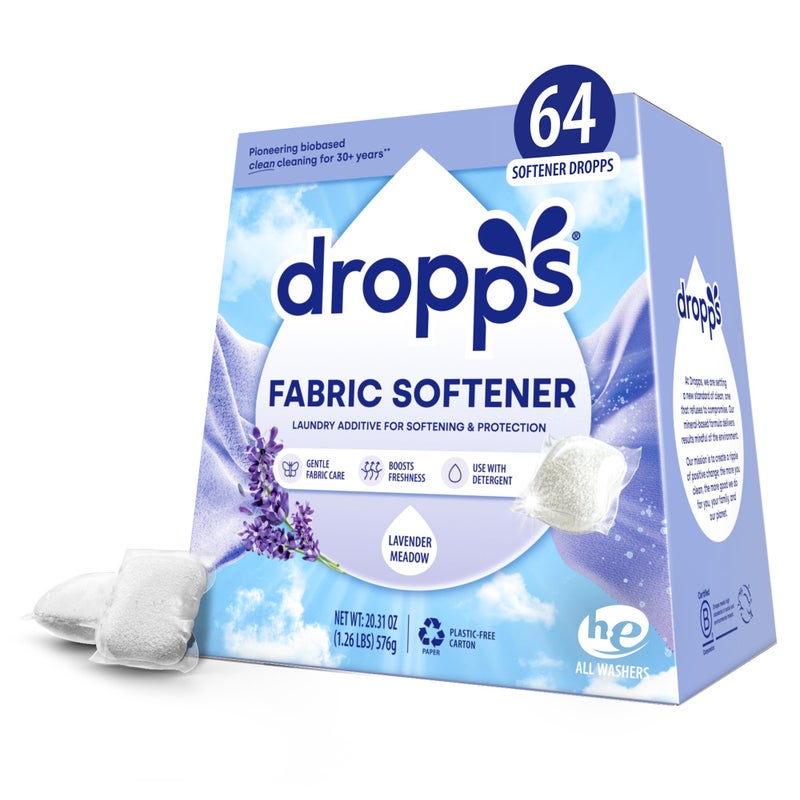 Dropps Laundry Fabric Softener Pods Lavender Meadow 64 Pods Laundry Additive for Softening Protection HE Compatible Mineral Based Ingredients Laundry Supplies