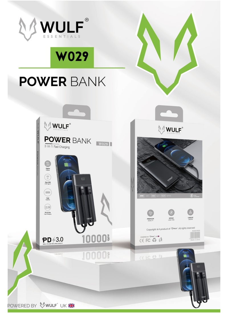 Wulf Essentials WULF Essentials W029 10000mAh 22.5W PD 3.0 3-in-1 Fast Charging Power Bank with Built-in Cables & Digital Display 