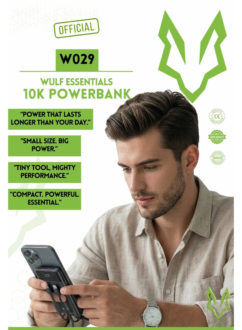 وولف إسينشيالز باور بانك WULF Essentials W029 سعة 10000 مللي أمبير/ساعة، 22.5 واط، PD 3.0، 3 في 1، شحن سريع، مع كابلات مدمجة وشاشة رقمية - Image 3