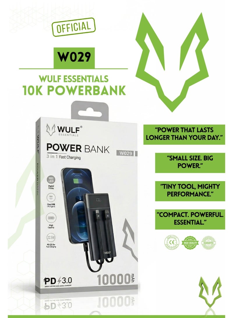 وولف إسينشيالز باور بانك WULF Essentials W029 سعة 10000 مللي أمبير/ساعة، 22.5 واط، PD 3.0، 3 في 1، شحن سريع، مع كابلات مدمجة وشاشة رقمية - Image 1