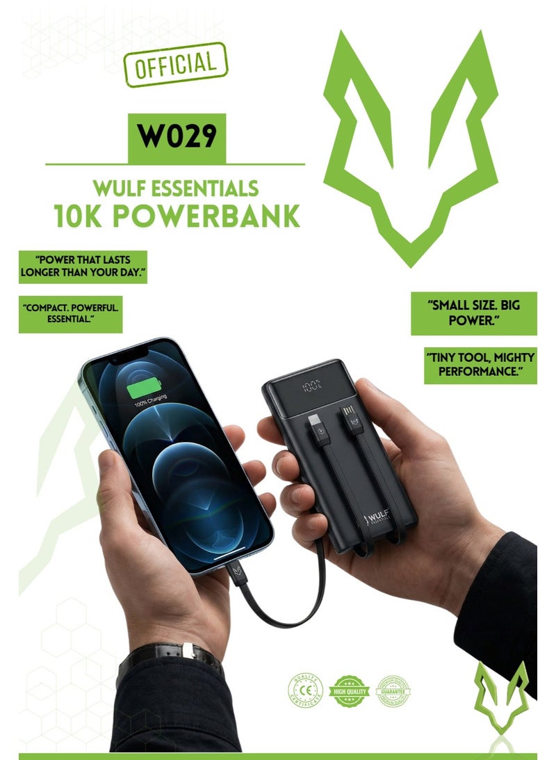 وولف إسينشيالز باور بانك WULF Essentials W029 سعة 10000 مللي أمبير/ساعة، 22.5 واط، PD 3.0، 3 في 1، شحن سريع، مع كابلات مدمجة وشاشة رقمية - Image 4