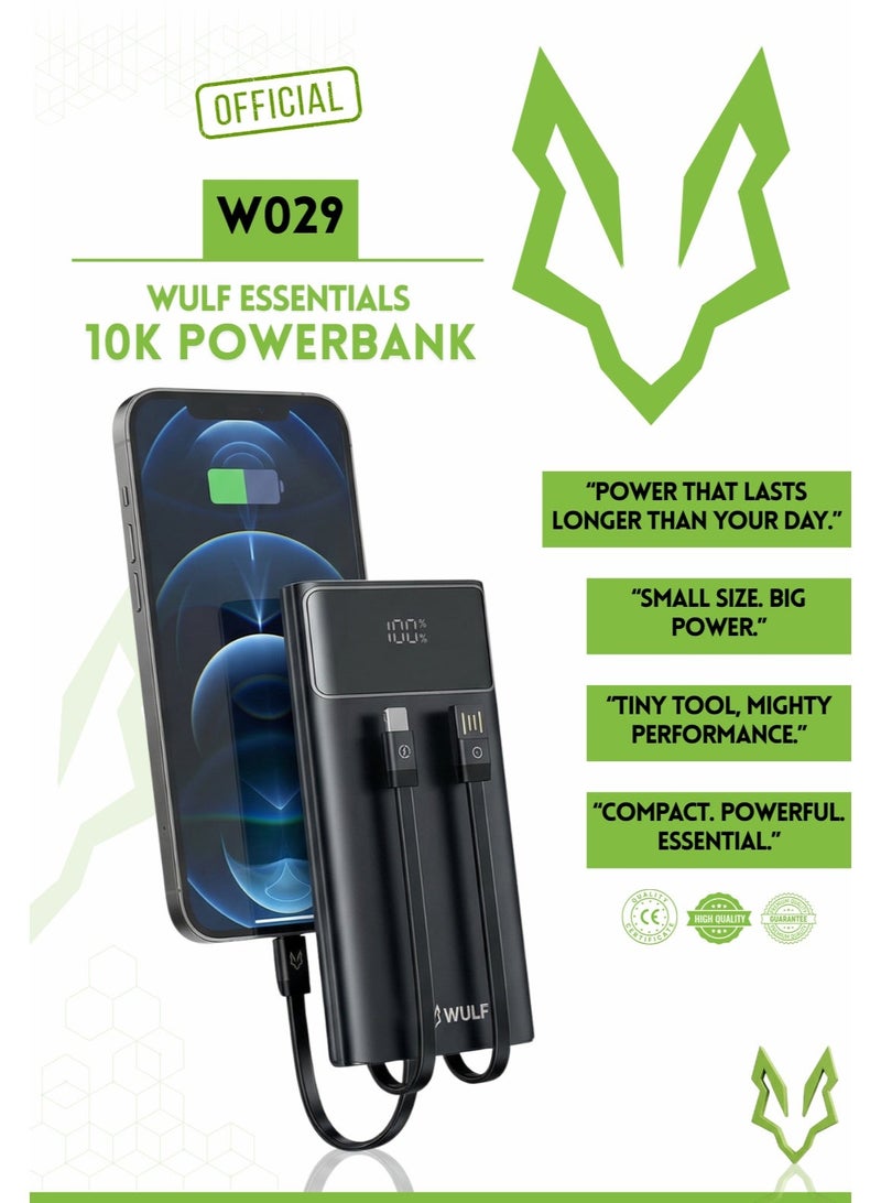 وولف إسينشيالز باور بانك WULF Essentials W029 سعة 10000 مللي أمبير/ساعة، 22.5 واط، PD 3.0، 3 في 1، شحن سريع، مع كابلات مدمجة وشاشة رقمية - Image 2