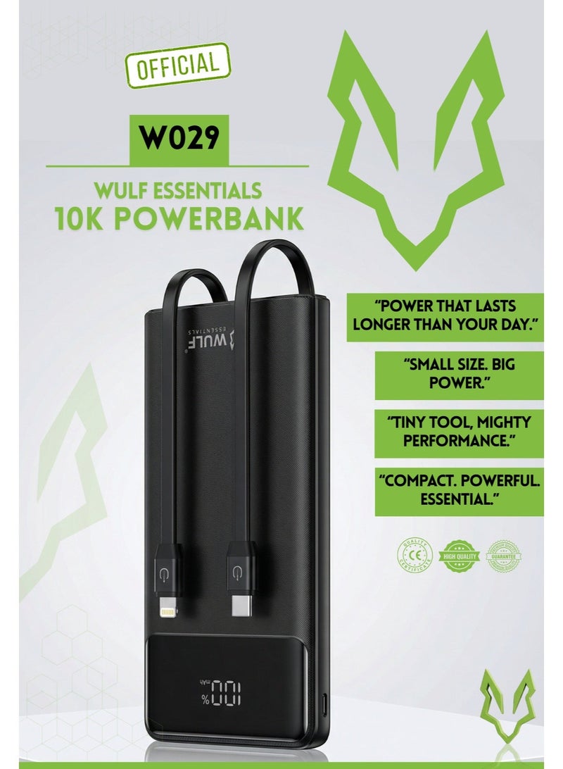 وولف إسينشيالز باور بانك WULF Essentials W029 سعة 10000 مللي أمبير/ساعة، 22.5 واط، PD 3.0، 3 في 1، شحن سريع، مع كابلات مدمجة وشاشة رقمية - Image 5