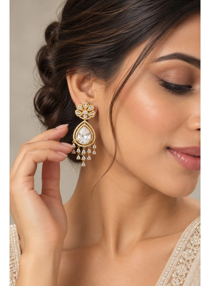 Lehar White Teardrop Chandelier Earrings - Gold Tone Bridal, Wedding & Evening Fashion Jewelry
