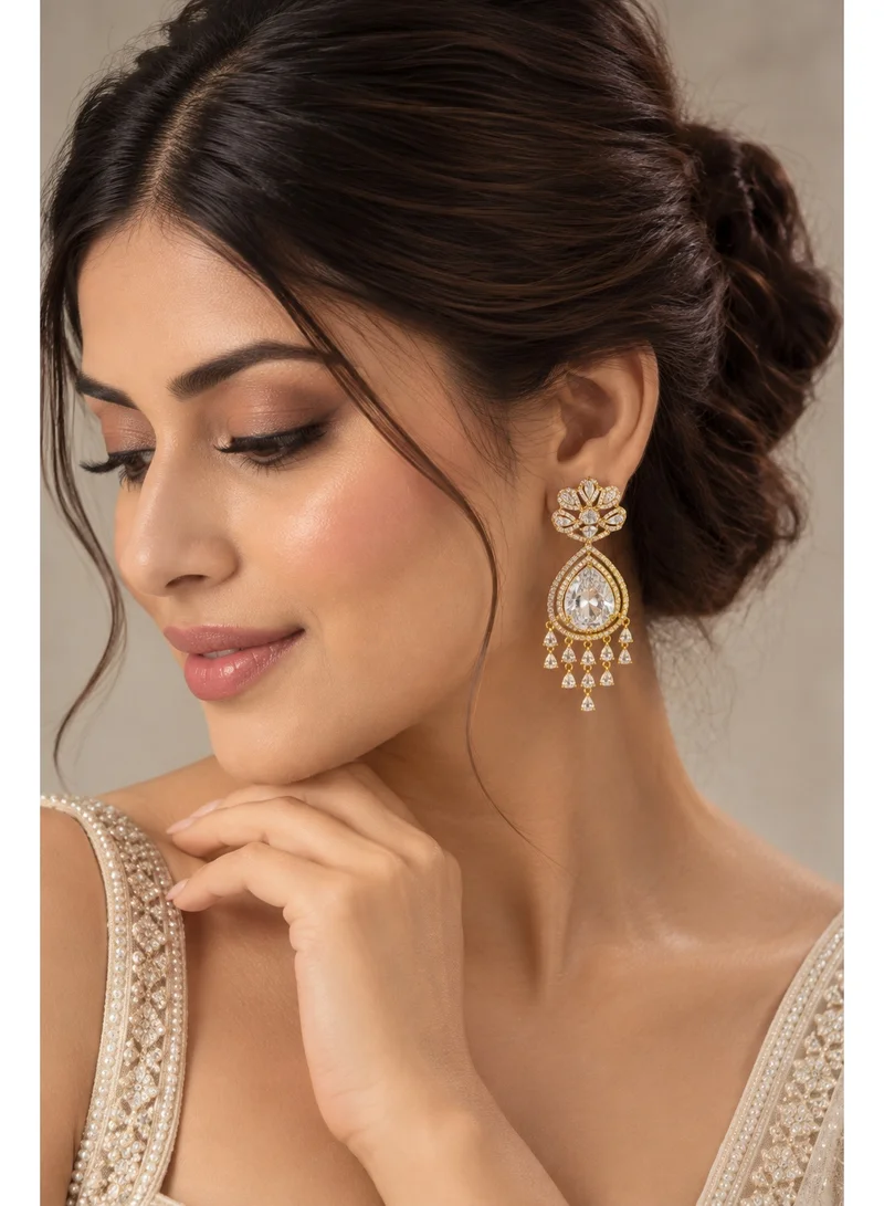 Lehar White Teardrop Chandelier Earrings - Gold Tone Bridal, Wedding & Evening Fashion Jewelry