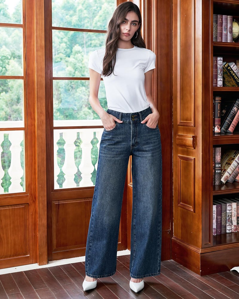 UPNET Womenâ€™s High Waisted Baggy Jeans â€“ Stretchy Wide Leg Tummy Control Straight Leg Denim Pants Trendy Jeans for Women 2025 (US, Numeric, 4, Regular, Short, Dark Blue) - Image 2