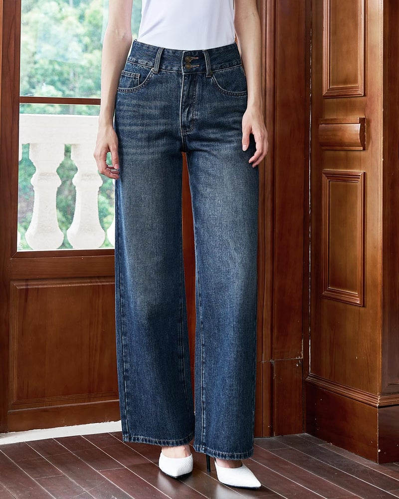 UPNET Womenâ€™s High Waisted Baggy Jeans â€“ Stretchy Wide Leg Tummy Control Straight Leg Denim Pants Trendy Jeans for Women 2025 (US, Numeric, 4, Regular, Short, Dark Blue) - Image 5