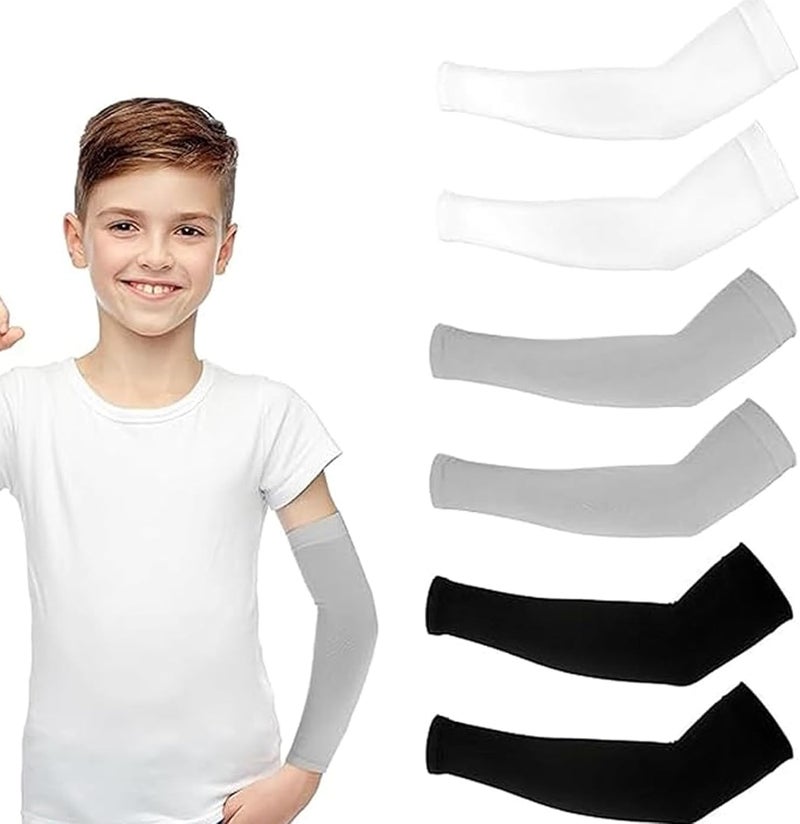 HZYH 3Pairs Kids Arm Sleeves Thinly UV Sun Protection Cooling Arm Compression Sleeves, Outdoor Sport Breathable Elastic Ice Sleeve for Youth Boys Girls (7-12 Years) (Black&White&Grey) - Image 1