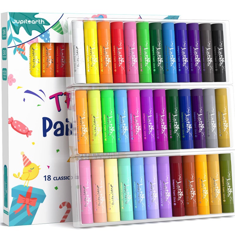 JUPITEARTH Paint Sticks for Kids 36 Colors, Quick Drying, Smooth, Non-Toxic and Washable Solid Tempera Paint Sticks with 120 PDF Coloring Pages and 30 Stickers, Toddler Art Supplies for Drawing - Image 1