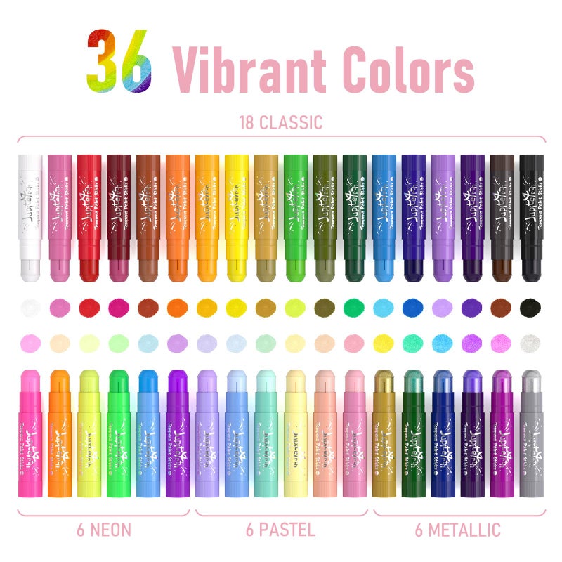 JUPITEARTH Paint Sticks for Kids 36 Colors, Quick Drying, Smooth, Non-Toxic and Washable Solid Tempera Paint Sticks with 120 PDF Coloring Pages and 30 Stickers, Toddler Art Supplies for Drawing - Image 2