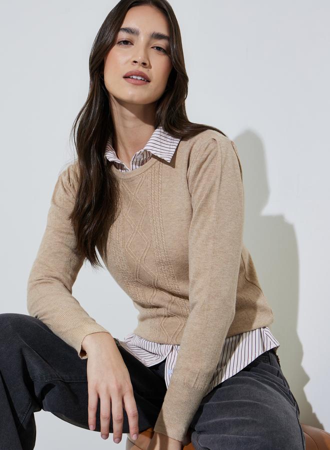 Styli Beige Solid Cable Knit Jumper - Image 1