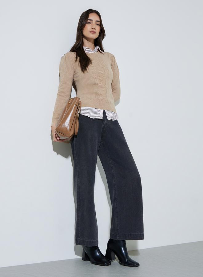Styli Beige Solid Cable Knit Jumper - Image 2