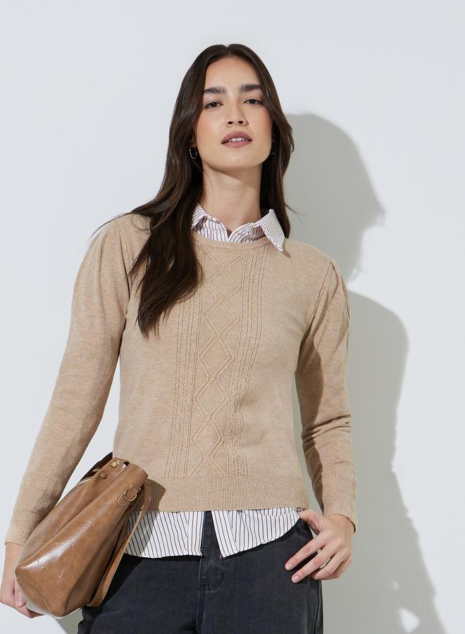 Styli Beige Solid Cable Knit Jumper - Image 3