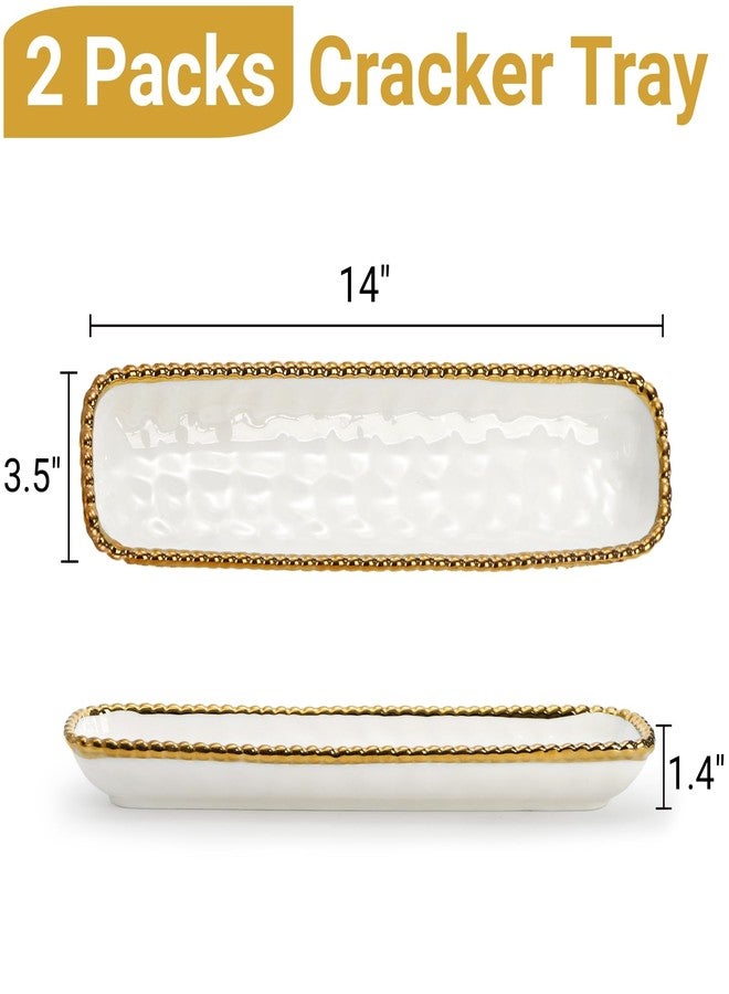 SOUJOY 2 Pack Porcelain Cracker Tray with Gold Pearl Edge, 14 Inch Rectangular Charcuterie Serving Platters, Dishwasher Safe Ceramic Cookie Plates for Cheese Ham Fruit, Perfect for Display Foods - Image 2
