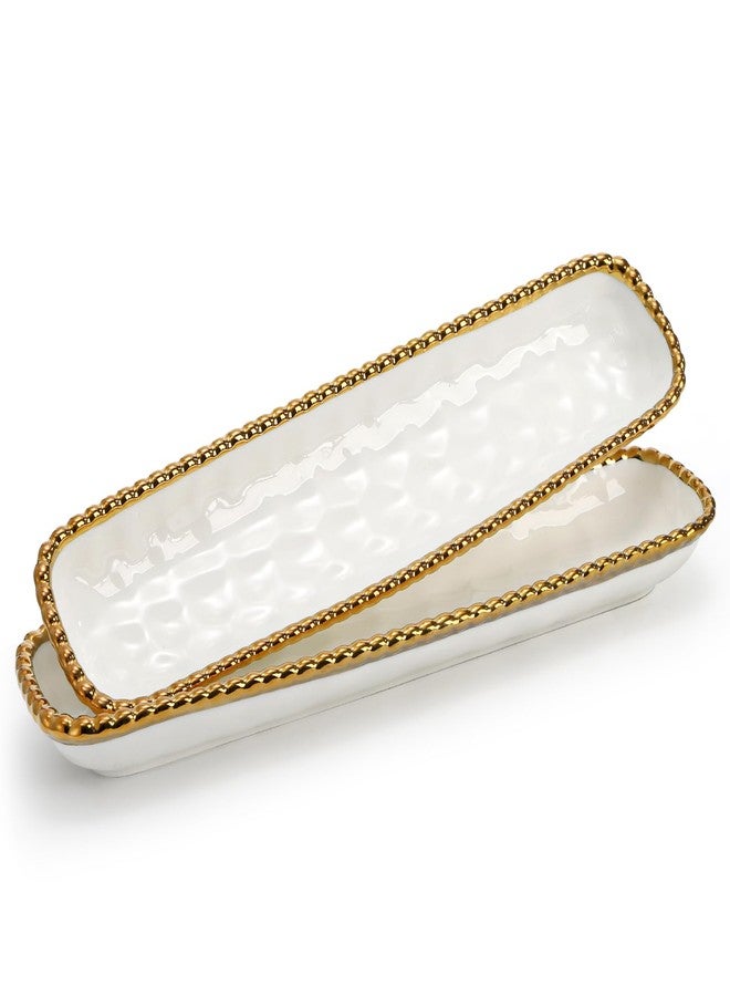 SOUJOY 2 Pack Porcelain Cracker Tray with Gold Pearl Edge, 14 Inch Rectangular Charcuterie Serving Platters, Dishwasher Safe Ceramic Cookie Plates for Cheese Ham Fruit, Perfect for Display Foods - Image 5