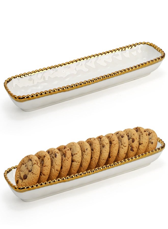 SOUJOY 2 Pack Porcelain Cracker Tray with Gold Pearl Edge, 14 Inch Rectangular Charcuterie Serving Platters, Dishwasher Safe Ceramic Cookie Plates for Cheese Ham Fruit, Perfect for Display Foods - Image 1