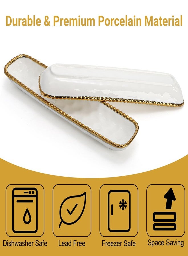 SOUJOY 2 Pack Porcelain Cracker Tray with Gold Pearl Edge, 14 Inch Rectangular Charcuterie Serving Platters, Dishwasher Safe Ceramic Cookie Plates for Cheese Ham Fruit, Perfect for Display Foods - Image 3