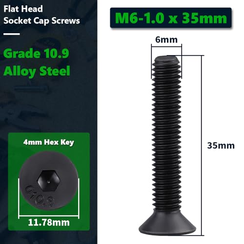 RoyceMart M6 x 35mm (20 Pack) Flat Head Socket Head Cap Screws, Grade 10.9 Black Oxide Finish, Machine Screws Full Thread Coverage - Image 2