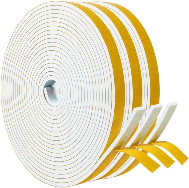BLOSY Weather Stripping 1/2" W x 1/8" T, White Foam Tape for Window Door, Adhesive Foam Insulation Tape Reduce Noise Dust Cold Air, 16FT Each x 3 Rolls - Image 1