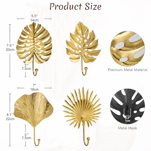 Briful Towel Hook Brushed Gold Leave Shape Hook Brass Coat Robe Key Holder Decorative Hanger for Bathroom Kitchen Garage Wall Mounted Pack of 4 - Image 3