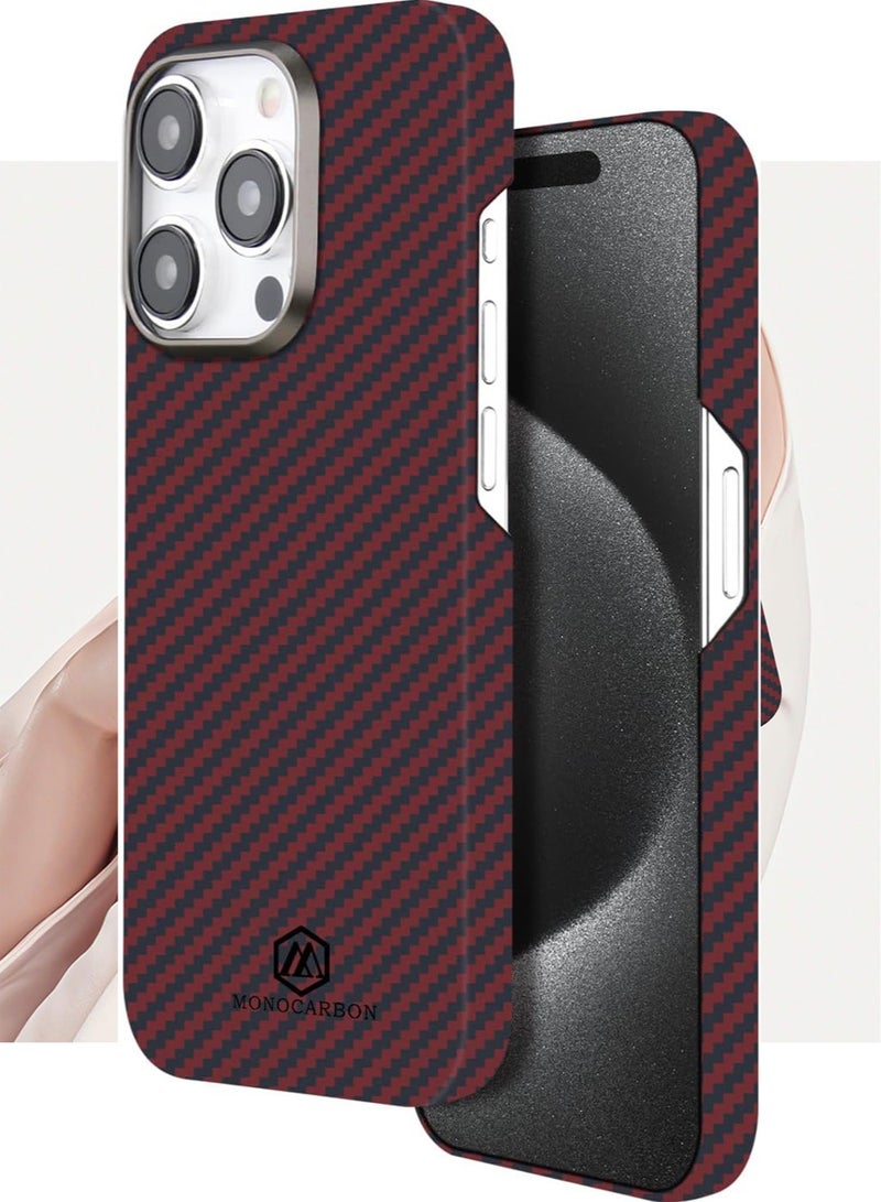MONOCARBON Real Aramid Fiber [ULTRA SLIM] for iPhone 15 Pro MAX Case Cover [MagSafe Compatible] Lightweight Anti-Scratch - Matte Red Black - Image 1