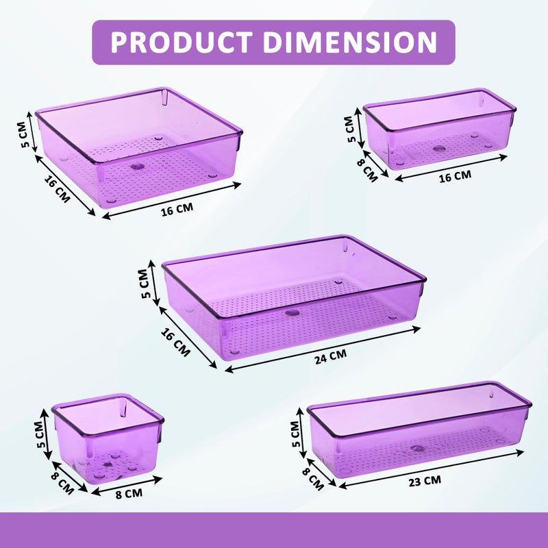 Kuber Industries Acrylic Set of 16 Transparent Cosmetic Organizer Tray | Drawers Organisers for Kitchen, Office and Bathroom Vanity Makeup | Stationery Storage Drawer Divider Tray | Purple - Image 3