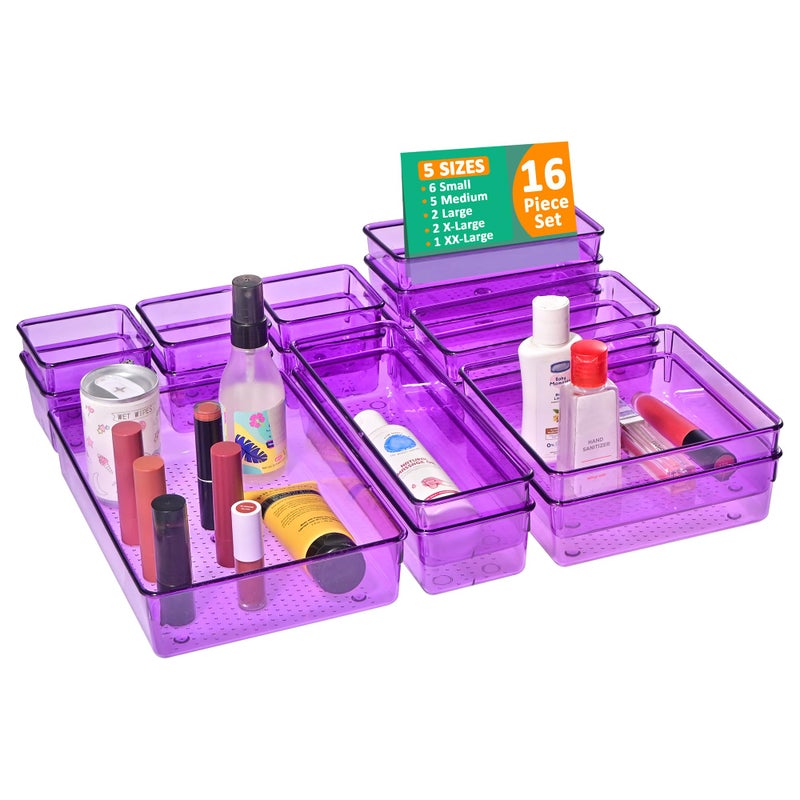Kuber Industries Acrylic Set of 16 Transparent Cosmetic Organizer Tray | Drawers Organisers for Kitchen, Office and Bathroom Vanity Makeup | Stationery Storage Drawer Divider Tray | Purple - Image 1