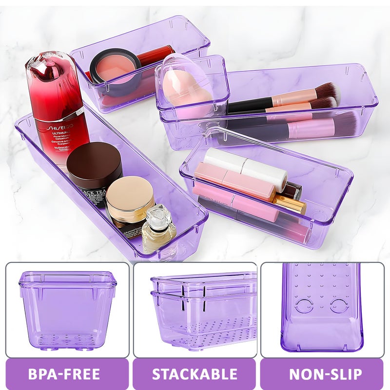 Kuber Industries Acrylic Set of 16 Transparent Cosmetic Organizer Tray | Drawers Organisers for Kitchen, Office and Bathroom Vanity Makeup | Stationery Storage Drawer Divider Tray | Purple - Image 5