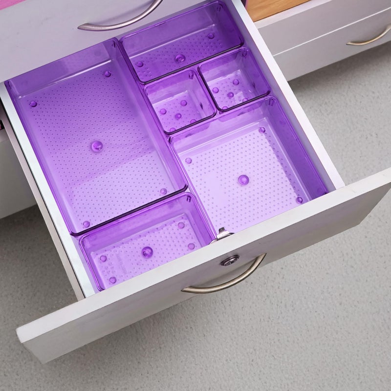 Kuber Industries Acrylic Set of 16 Transparent Cosmetic Organizer Tray | Drawers Organisers for Kitchen, Office and Bathroom Vanity Makeup | Stationery Storage Drawer Divider Tray | Purple - Image 2